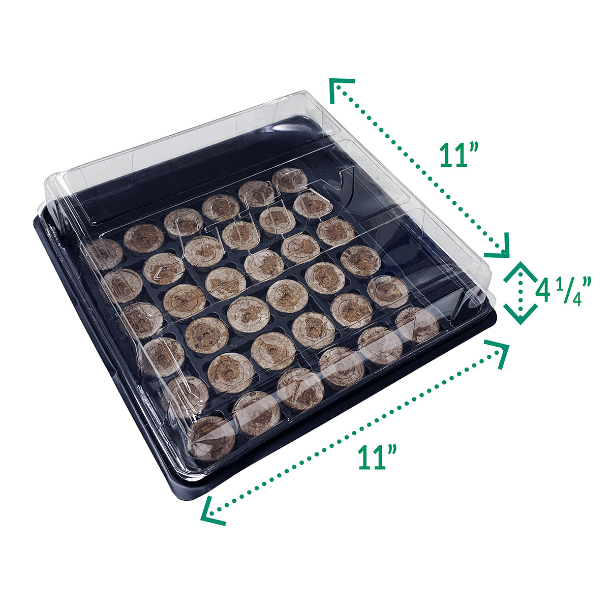 Jiffy brand seed starting greenhouse kit packaging, featuring a tray with 36 peat pellets and a clear dome